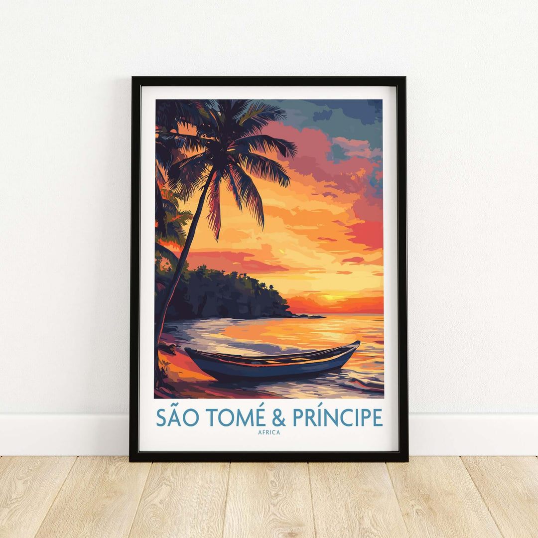 São Tomé & Príncipe art print featuring a tranquil beach sunset with a boat and palm trees.