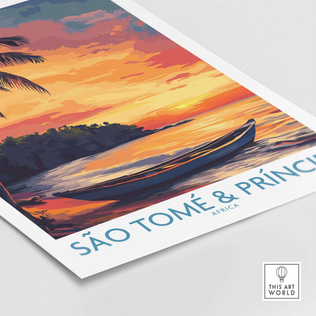 São Tomé & Príncipe art print featuring a tranquil beach sunset with a boat, vibrant colors, and tropical palm trees.