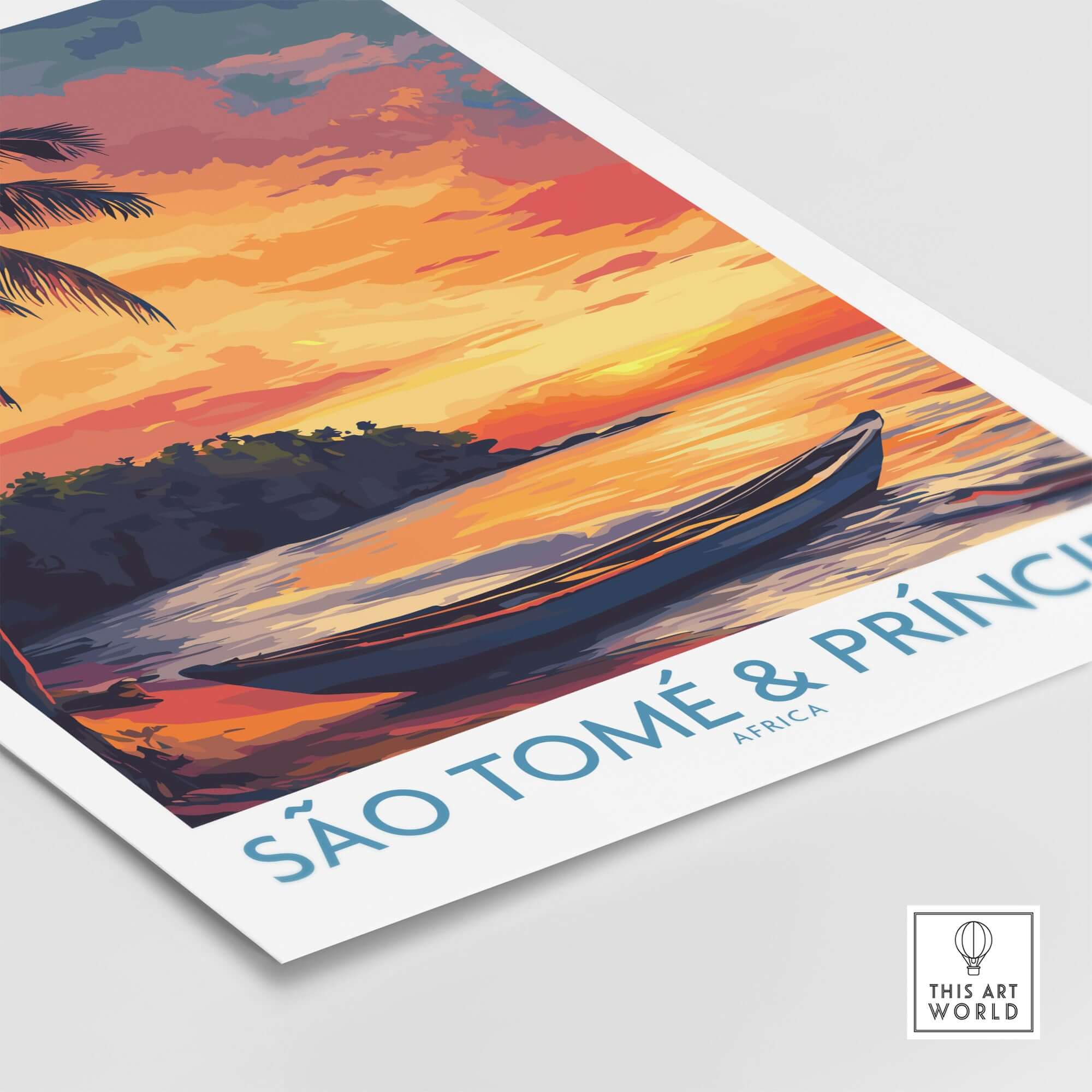 Tranquil Beach Sunset: São Tomé & Príncipe Art Print featuring a boat on a serene sunset background.