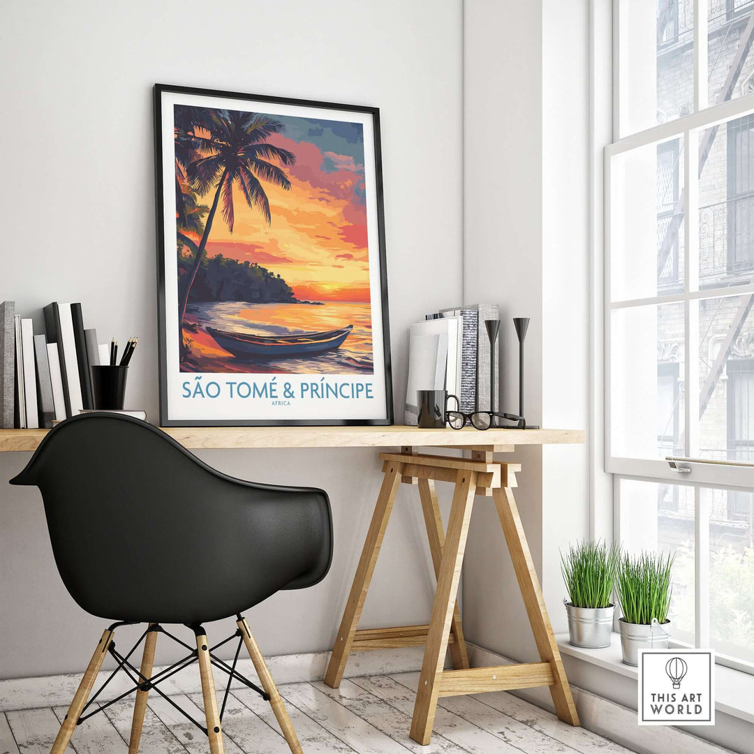 Tranquil Beach Sunset art print from São Tomé & Príncipe displayed in a modern workspace.