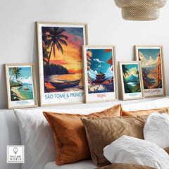 Framed art prints featuring São Tomé & Príncipe, Beijing, Philippines, Costa Rica, and the Grand Canyon.
