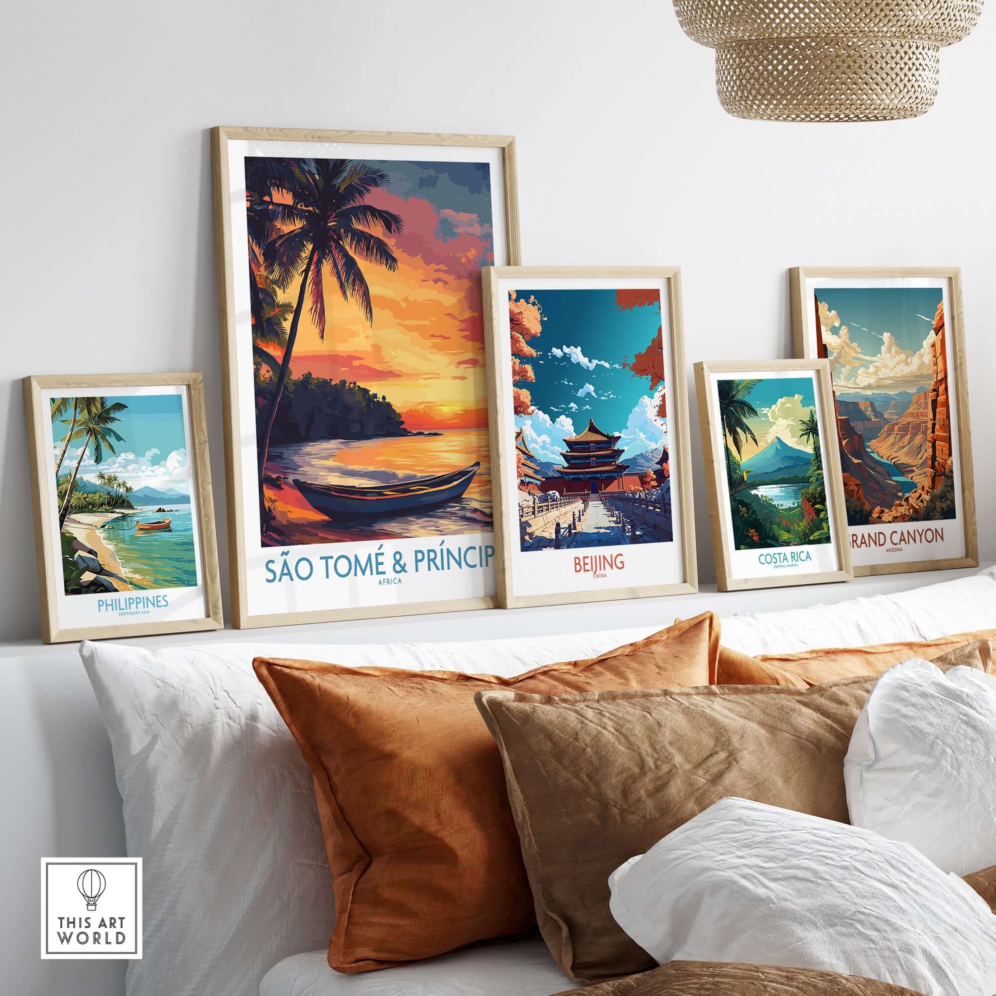 Framed art prints featuring São Tomé & Príncipe, Beijing, Philippines, Costa Rica, and the Grand Canyon.