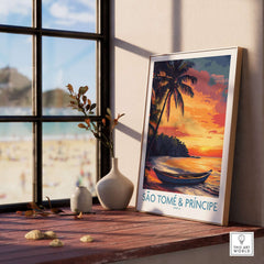 Tranquil Beach Sunset: São Tomé & Príncipe Art Print featuring a serene coastal scene with palm trees and vibrant sunset colors.