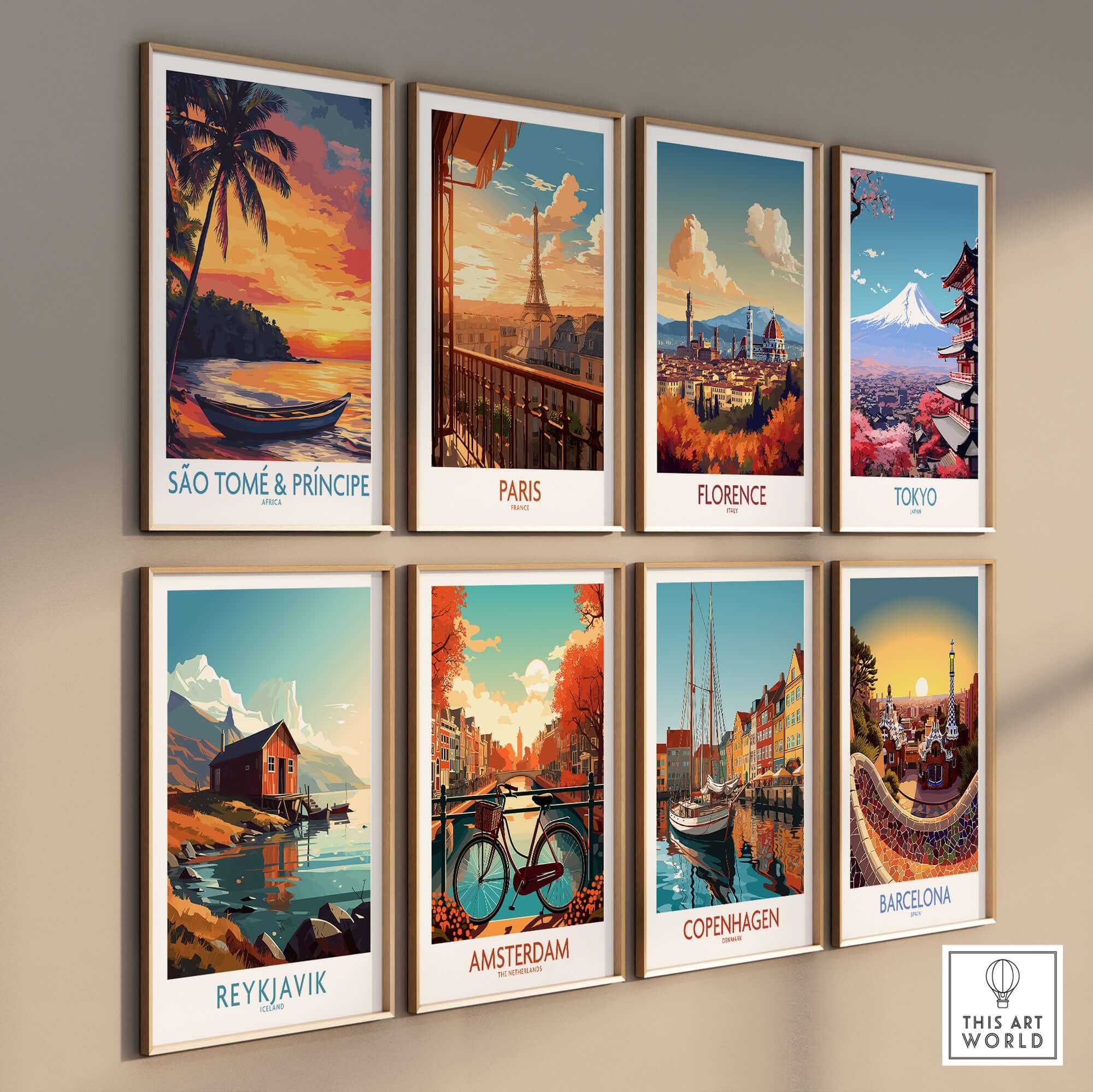 Tranquil Beach Sunset: São Tomé & Príncipe Art Print displayed in a vibrant art gallery wall arrangement.