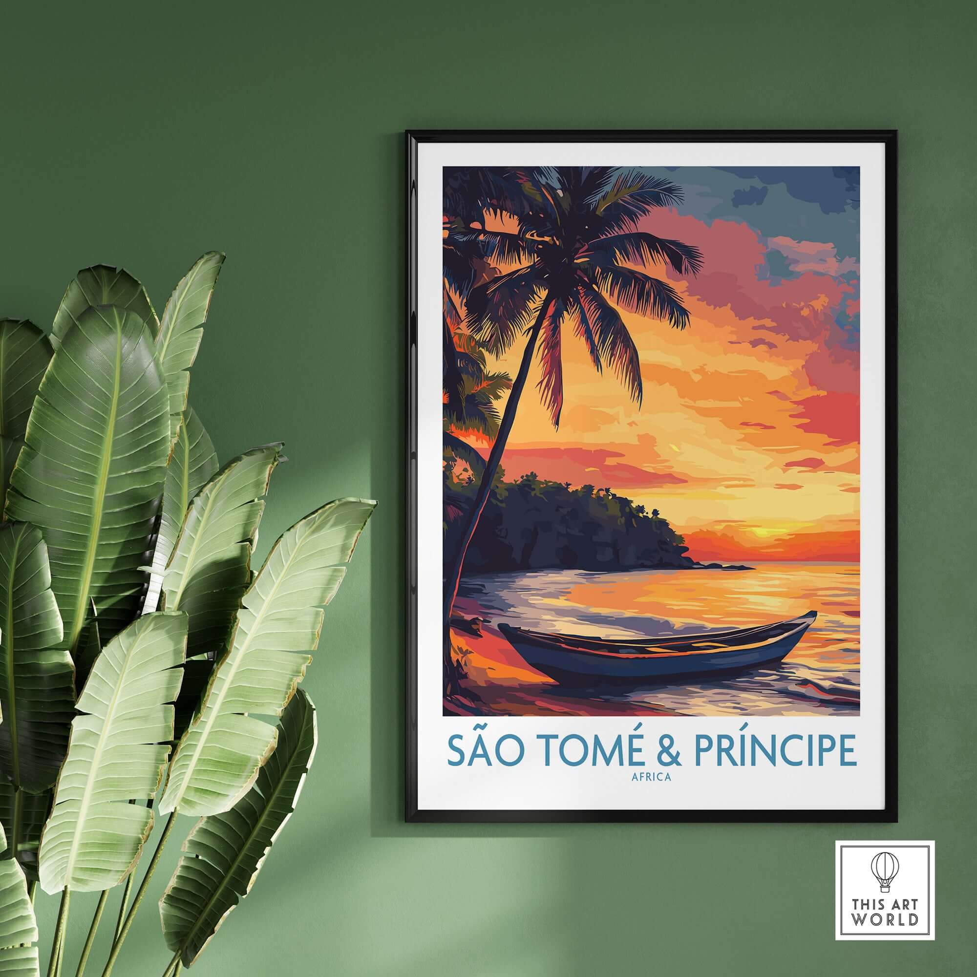 Tranquil Beach Sunset: São Tomé & Príncipe Art Print featuring a vibrant sunset and palm trees.
