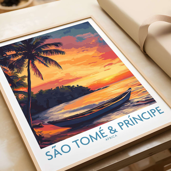 Framed art print of a tranquil beach sunset in São Tomé & Príncipe with a boat and palm trees.