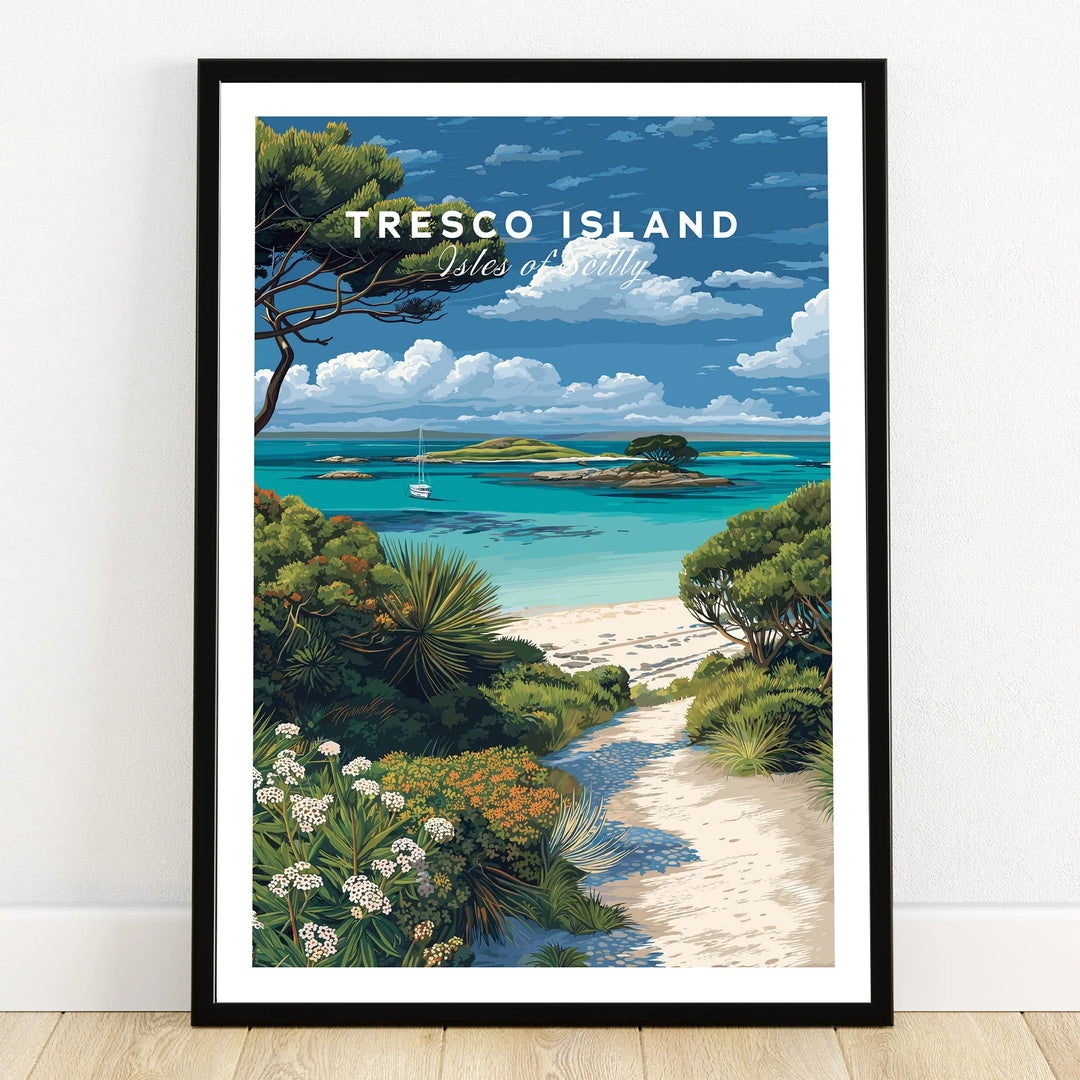 Tresco Isles of Scilly Gardens Travel Poster — art print in black frame on wooden floor