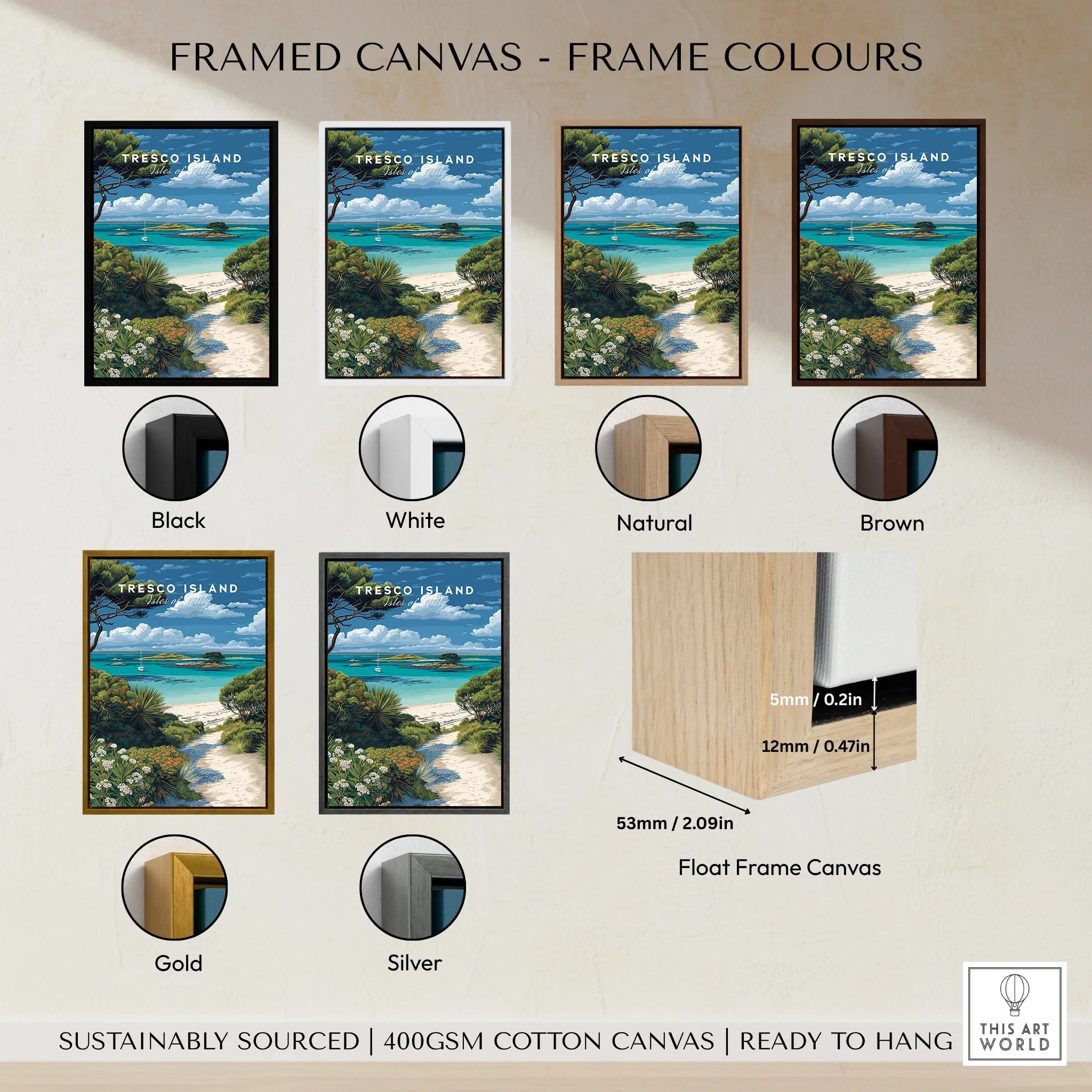 Tresco Isles of Scilly Gardens Travel Poster — framed canvas float frame colour options