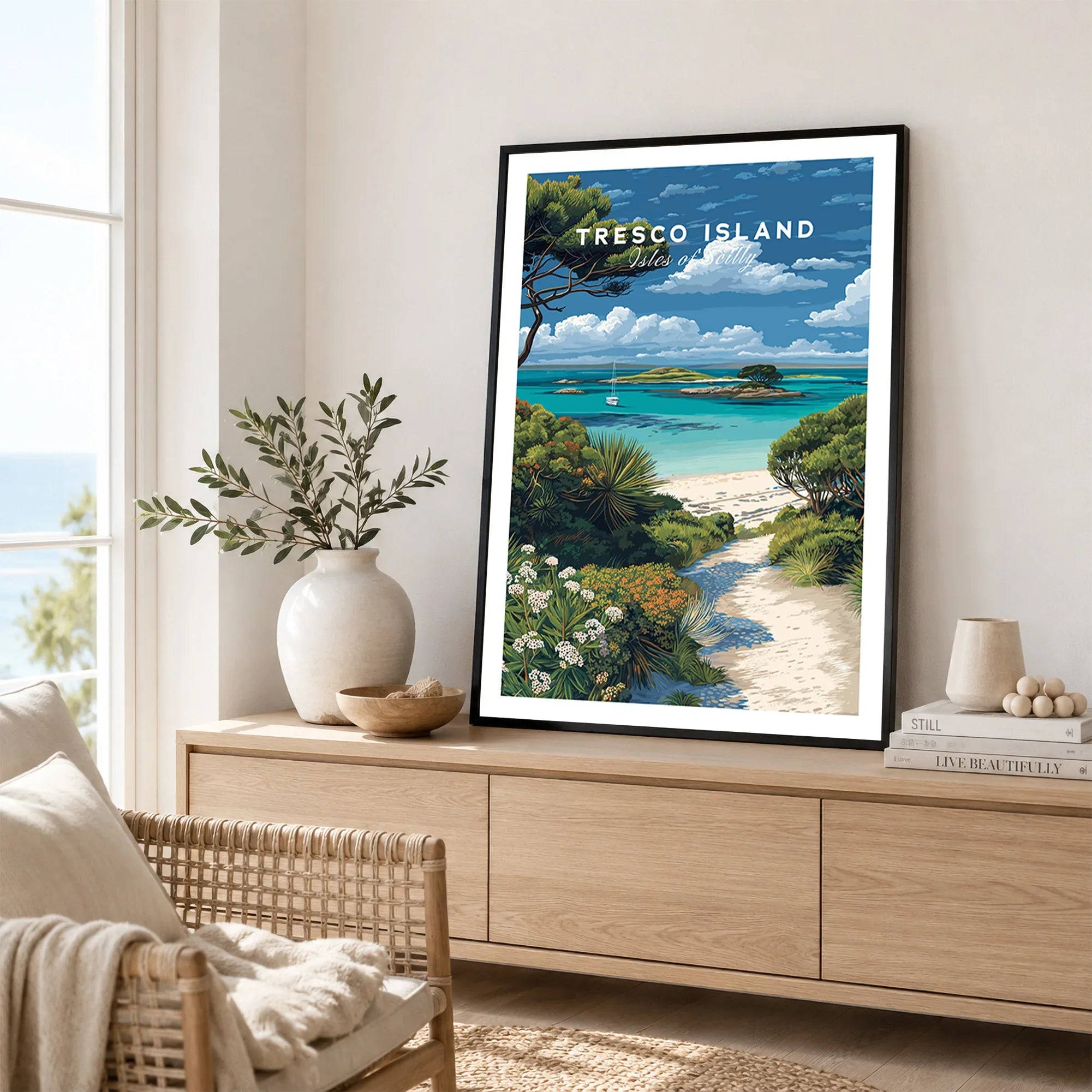 Tresco Isles of Scilly Gardens Travel Poster — framed artwork living room lifestyle setting