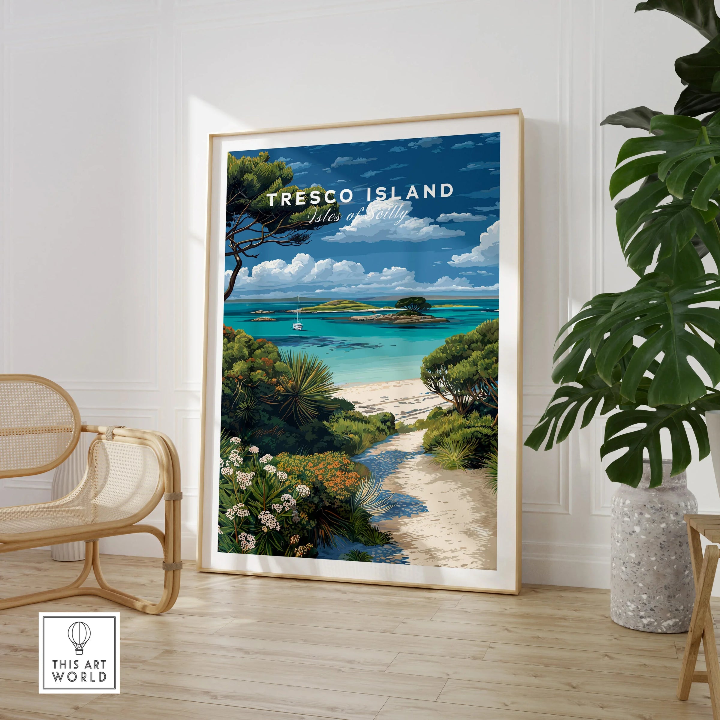 Tresco Isles of Scilly Gardens Travel Poster — large framed print room setting chair plant