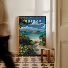 Tresco Isles of Scilly Gardens Travel Poster — framed canvas on floor man walking past