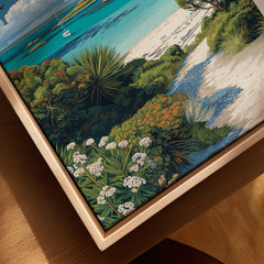 Tresco Isles of Scilly Gardens Travel Poster — closeup framed canvas natural wood floating frame