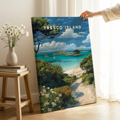 Tresco Isles of Scilly Gardens Travel Poster — canvas print mirror edge hand holding room setting