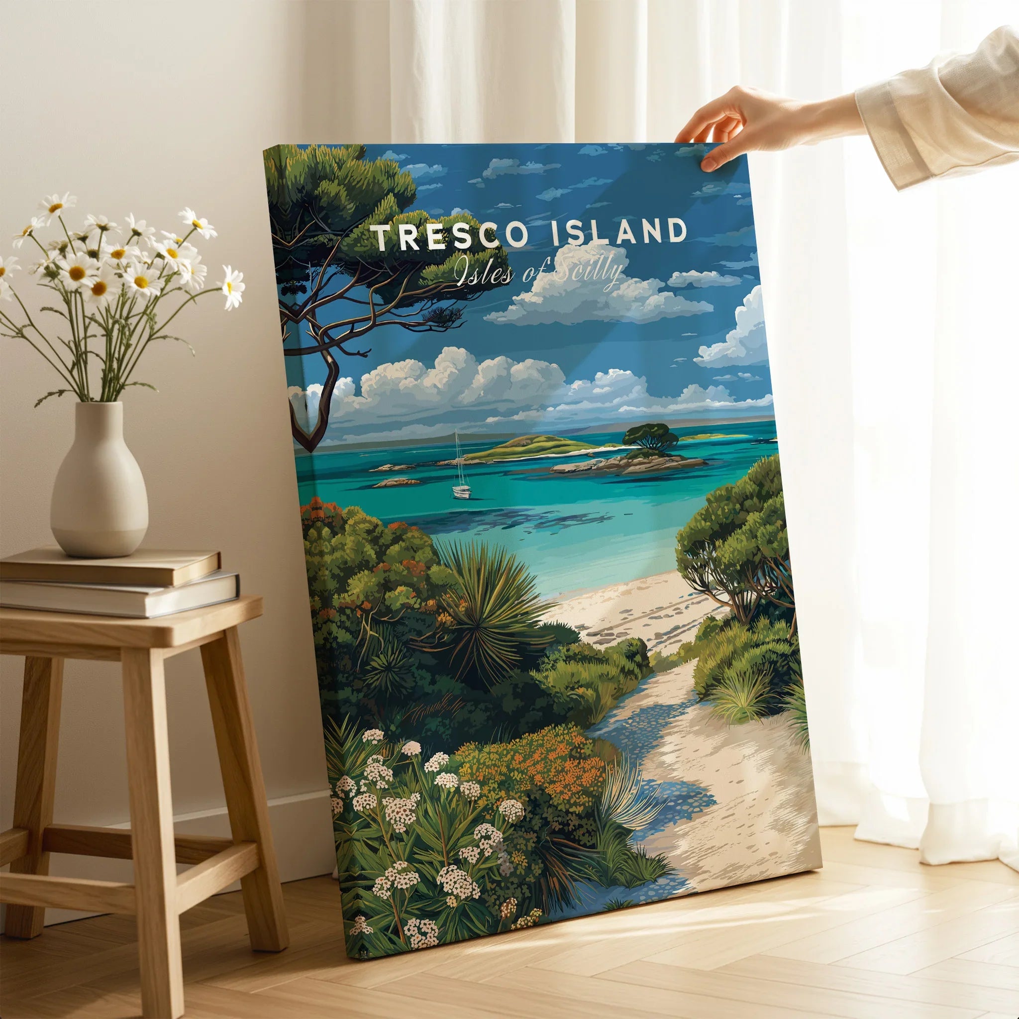 Tresco Isles of Scilly Gardens Travel Poster — canvas print mirror edge hand holding room setting