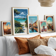 Tresco Isles of Scilly Gardens Travel Poster — set five framed artprints above bed natural wood frames