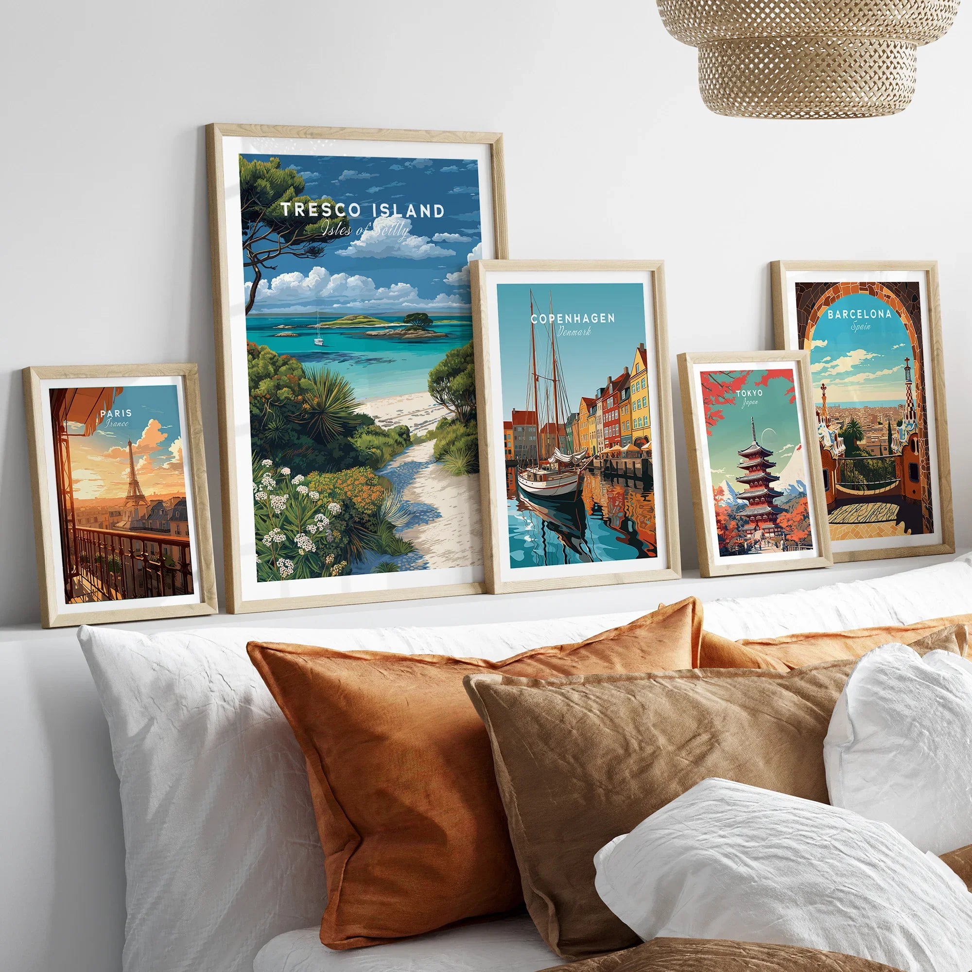 Tresco Isles of Scilly Gardens Travel Poster — set five framed artprints above bed natural wood frames