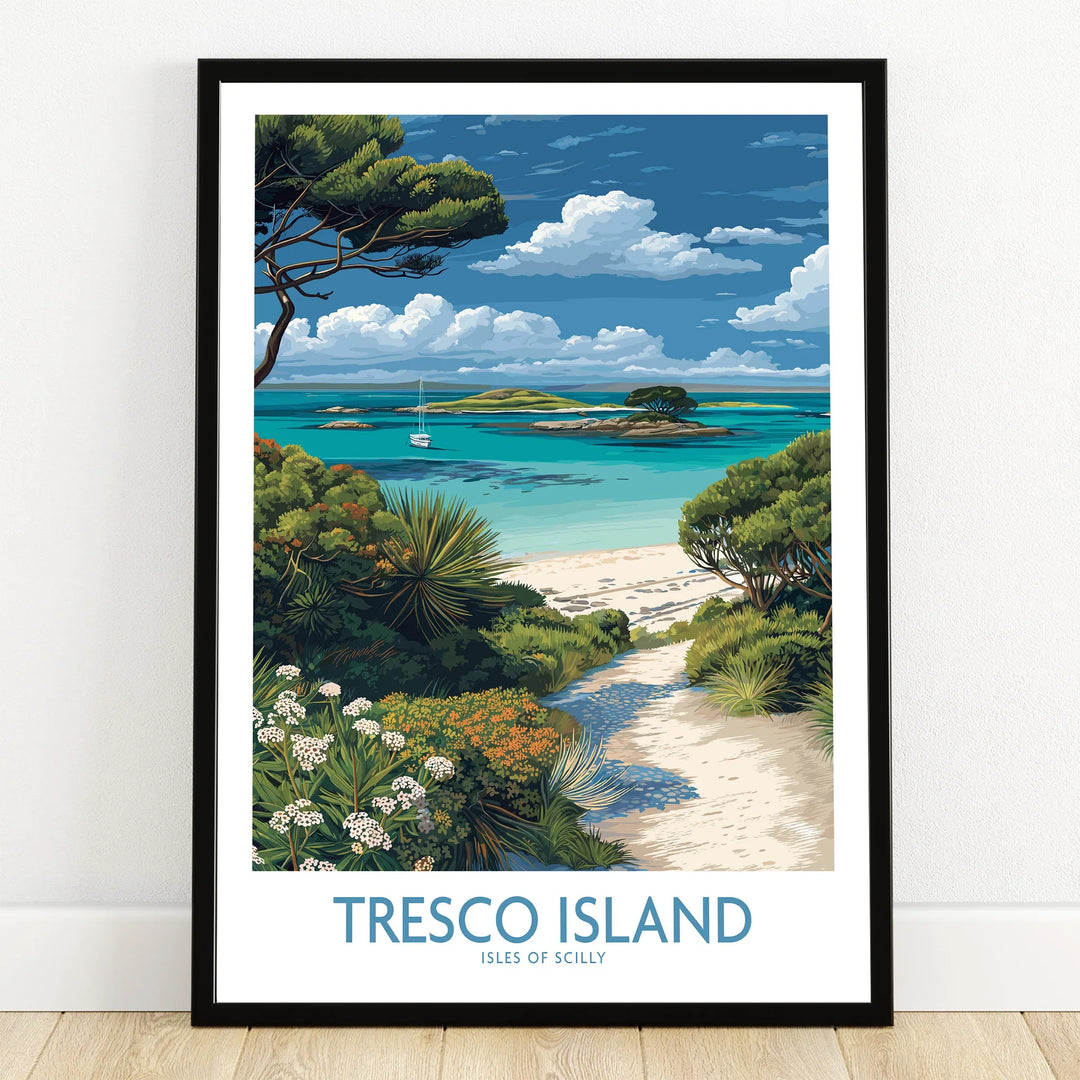 Tresco Isles of Scilly Bay Wall Art — art print in black frame on wooden floor
