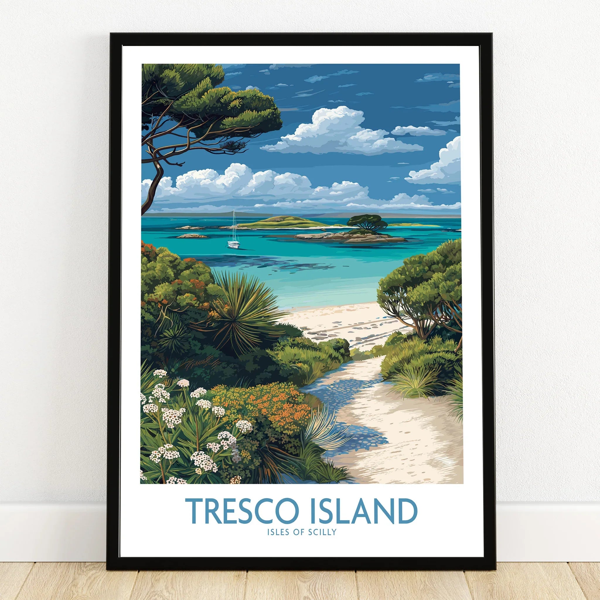 Tresco Isles of Scilly Bay Wall Art — art print in black frame on wooden floor