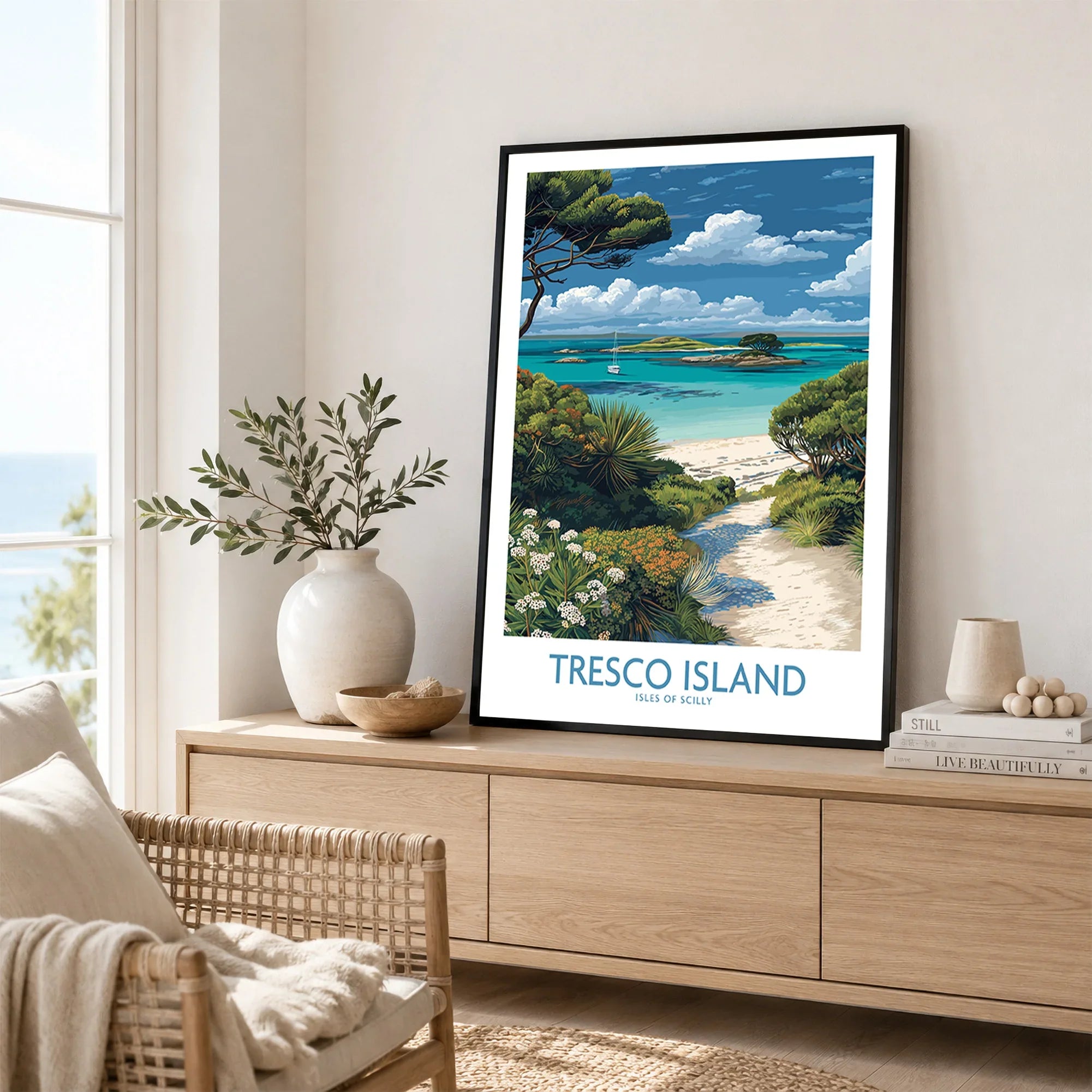 Tresco Isles of Scilly Bay Wall Art — framed artwork living room lifestyle setting