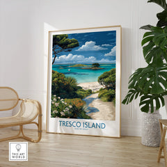 Tresco Isles of Scilly Bay Wall Art — large framed print room setting chair plant