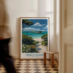 Tresco Isles of Scilly Bay Wall Art — framed canvas on floor man walking past