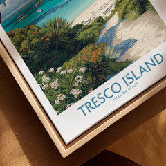 Tresco Isles of Scilly Bay Wall Art — closeup framed canvas natural wood floating frame