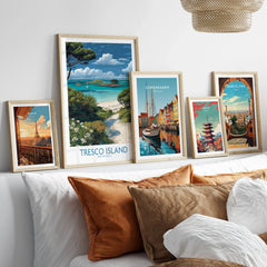 Tresco Isles of Scilly Bay Wall Art — set five framed artprints above bed natural wood frames