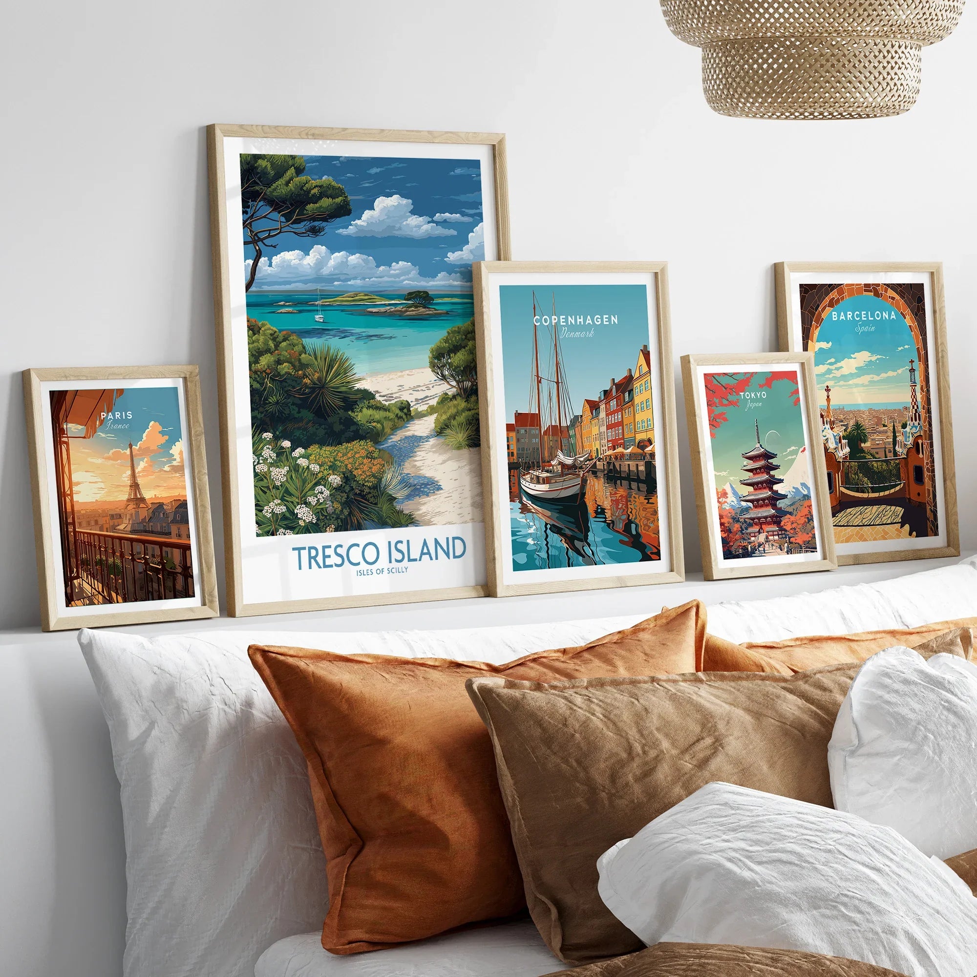 Tresco Isles of Scilly Bay Wall Art — set five framed artprints above bed natural wood frames