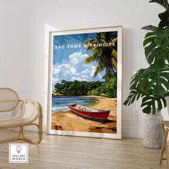Tropical Vibes: São Tomé & Príncipe Wall Art featuring vibrant beach scene with boat and palm trees.