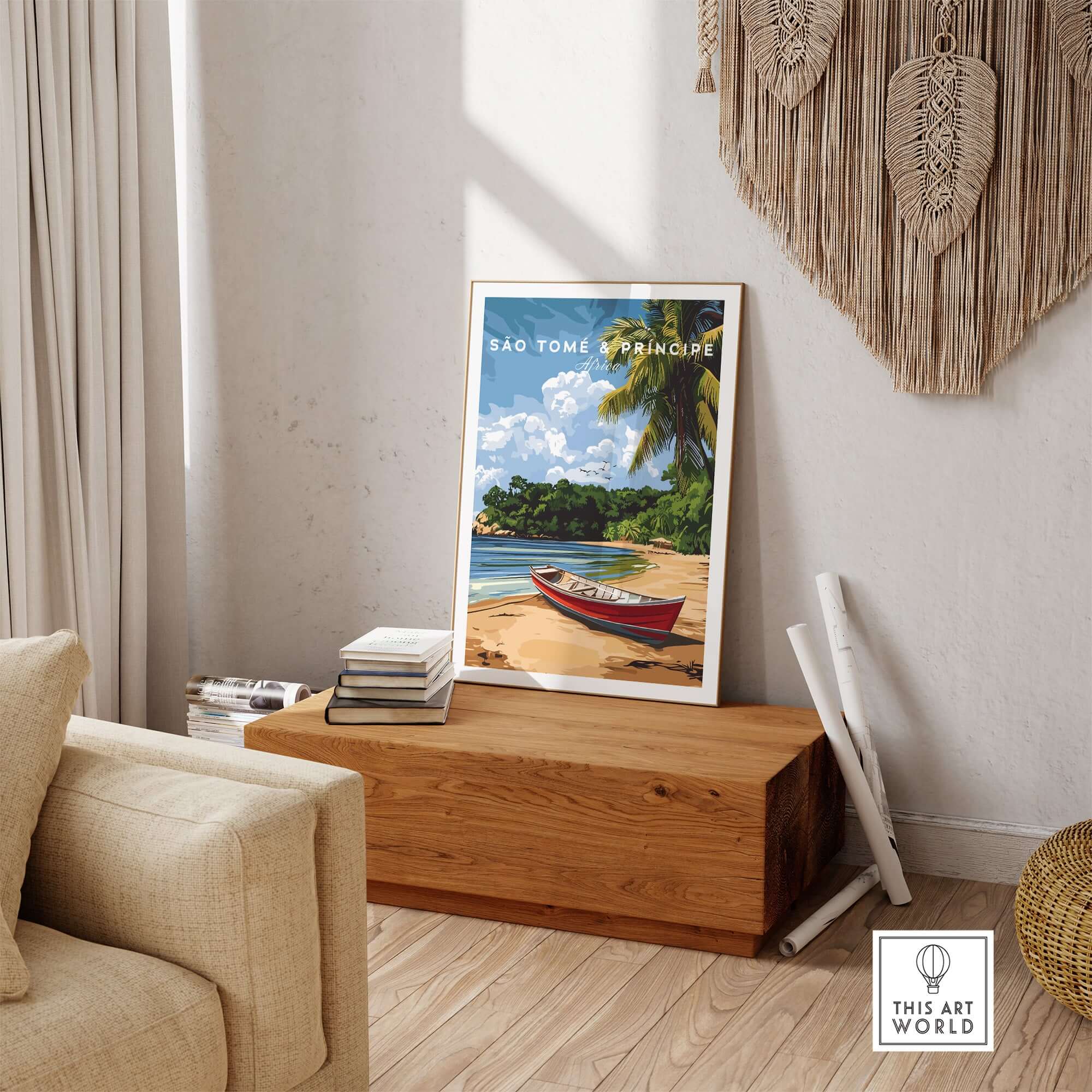 Tropical Vibes: São Tomé & Príncipe Wall Art showcasing a serene beach scene with a boat and tropical scenery.