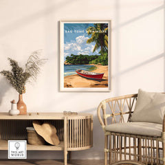 Tropical Vibes: São Tomé & Príncipe Wall Art featuring a vibrant beach scene and traditional boat.