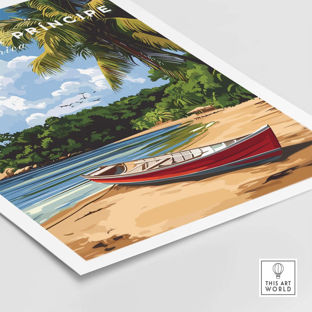 Tropical Vibes wall art featuring a red boat on a beach in São Tomé & Príncipe with palm trees.