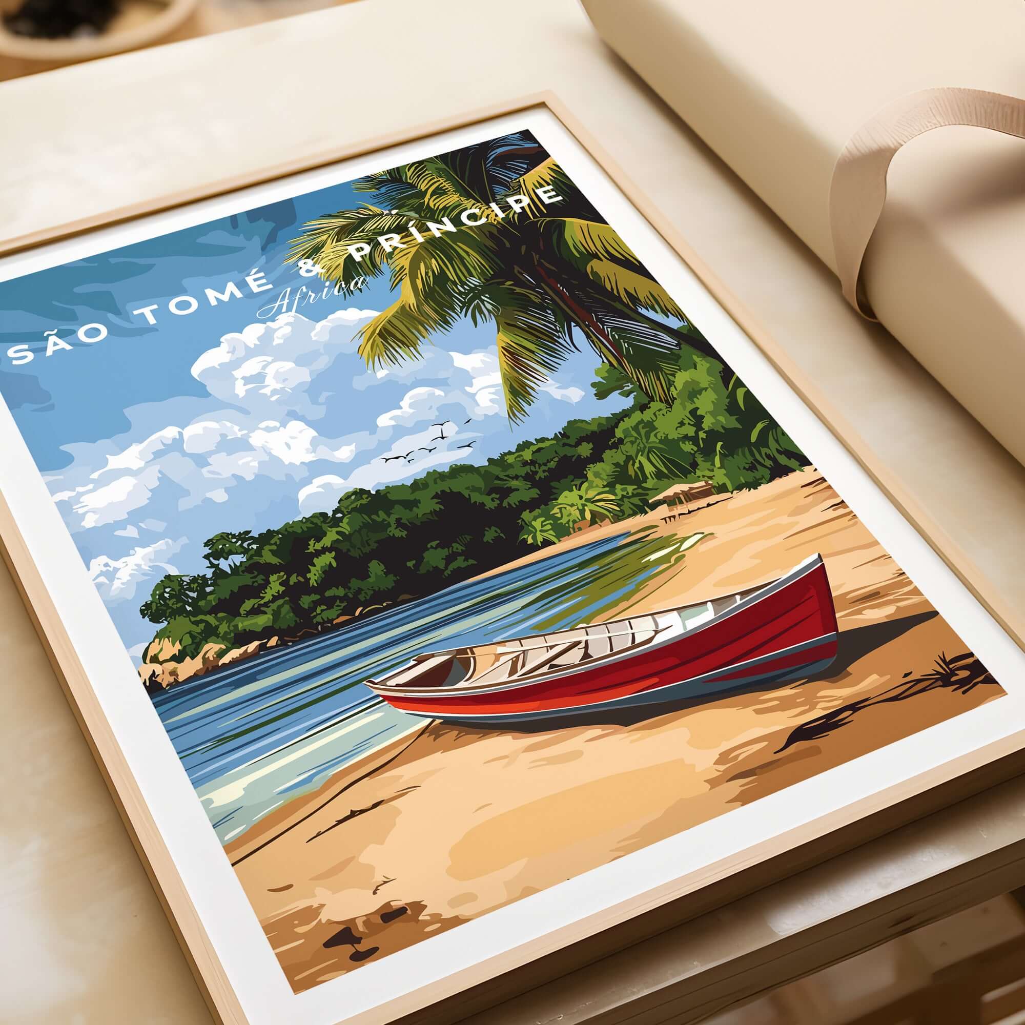 Tropical Vibes: São Tomé & Príncipe Wall Art featuring a serene beach scene with a red boat.