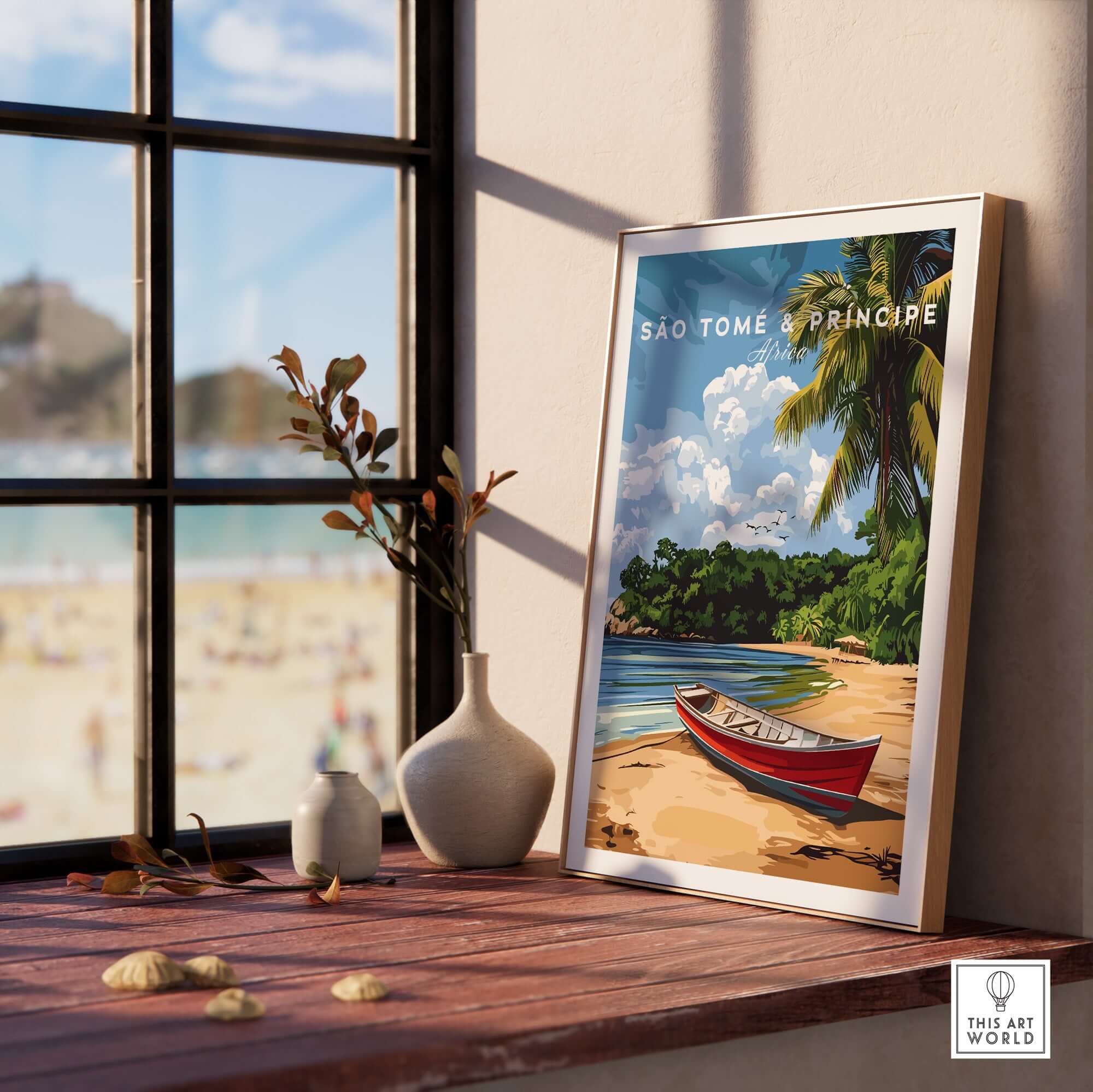 Tropical Vibes: São Tomé & Príncipe Wall Art displayed in a cozy interior with tropical views.