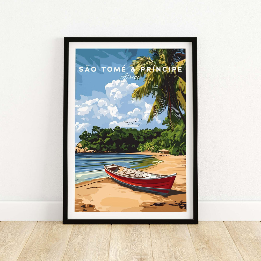 Vibrant São Tomé & Príncipe wall art featuring a beach scene with a boat and lush greenery.