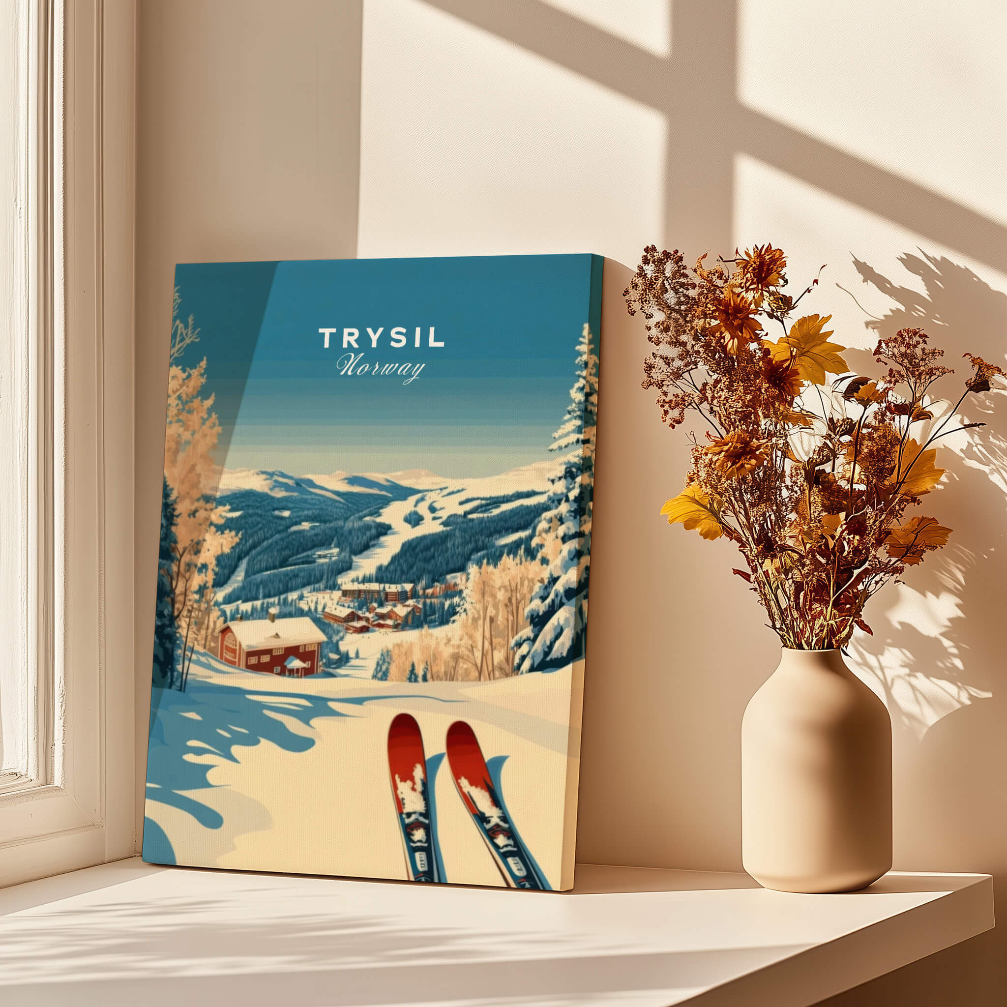 Trysil Ski Print Norway showcasing a beautiful winter scene with skis and mountains in Norway.