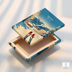 Trysil Ski Print Norway wooden box design featuring a snowy landscape and ski elements.