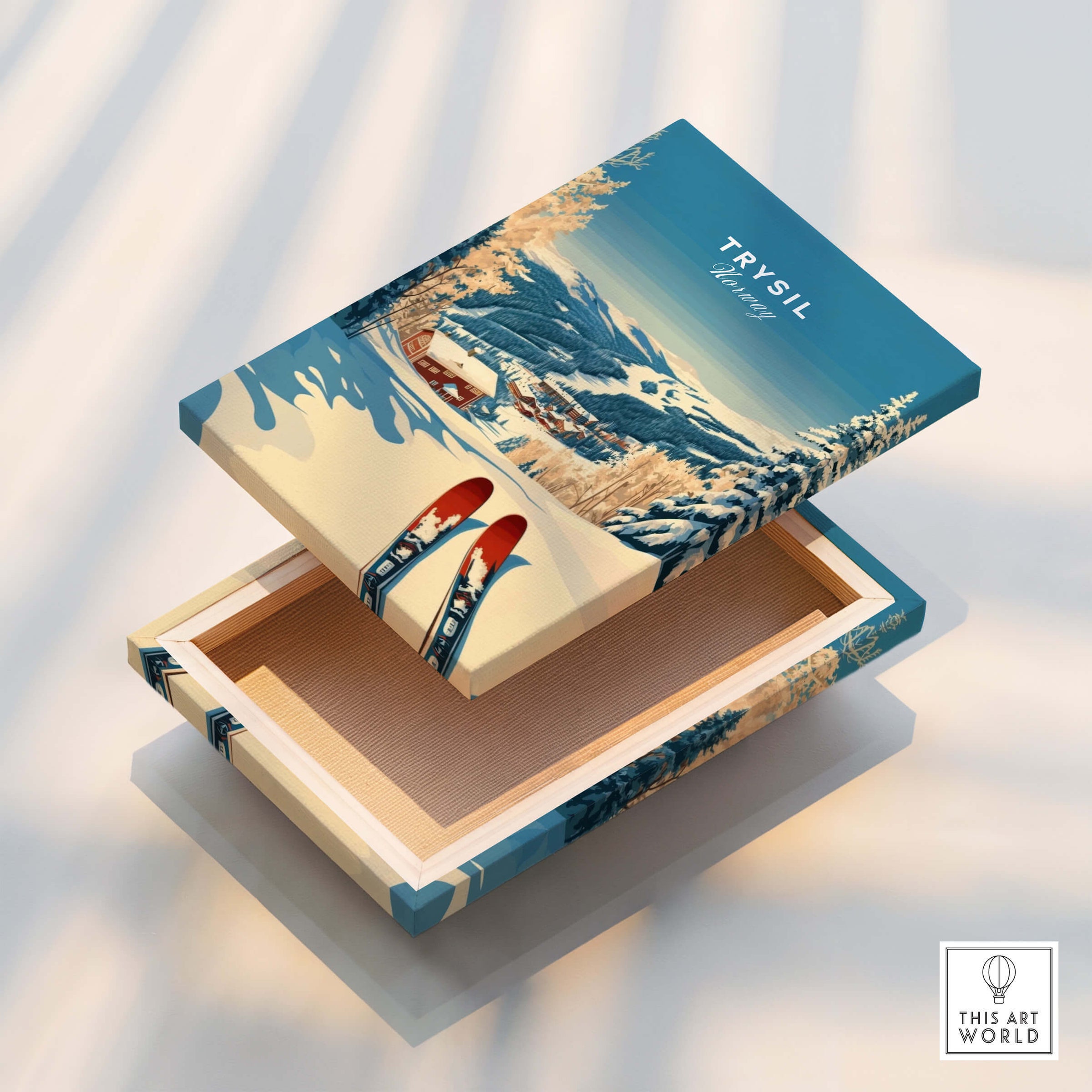 Trysil Ski Print Norway wooden box design featuring a snowy landscape and ski elements.