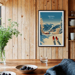Trysil Ski Print Norway showcasing winter scenery with skis in the foreground and a beautiful landscape.