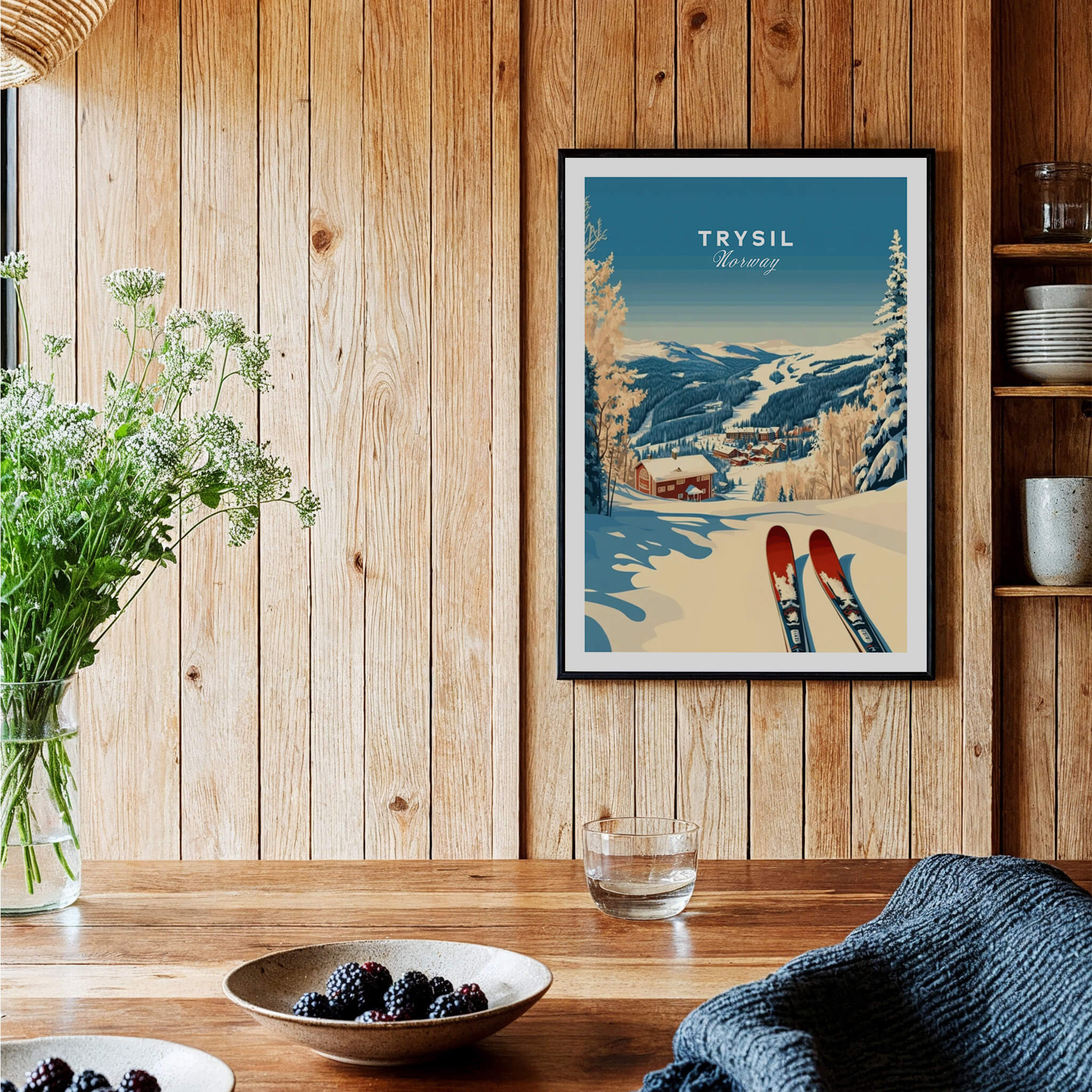 Trysil Ski Print Norway showcasing winter scenery with skis in the foreground and a beautiful landscape.