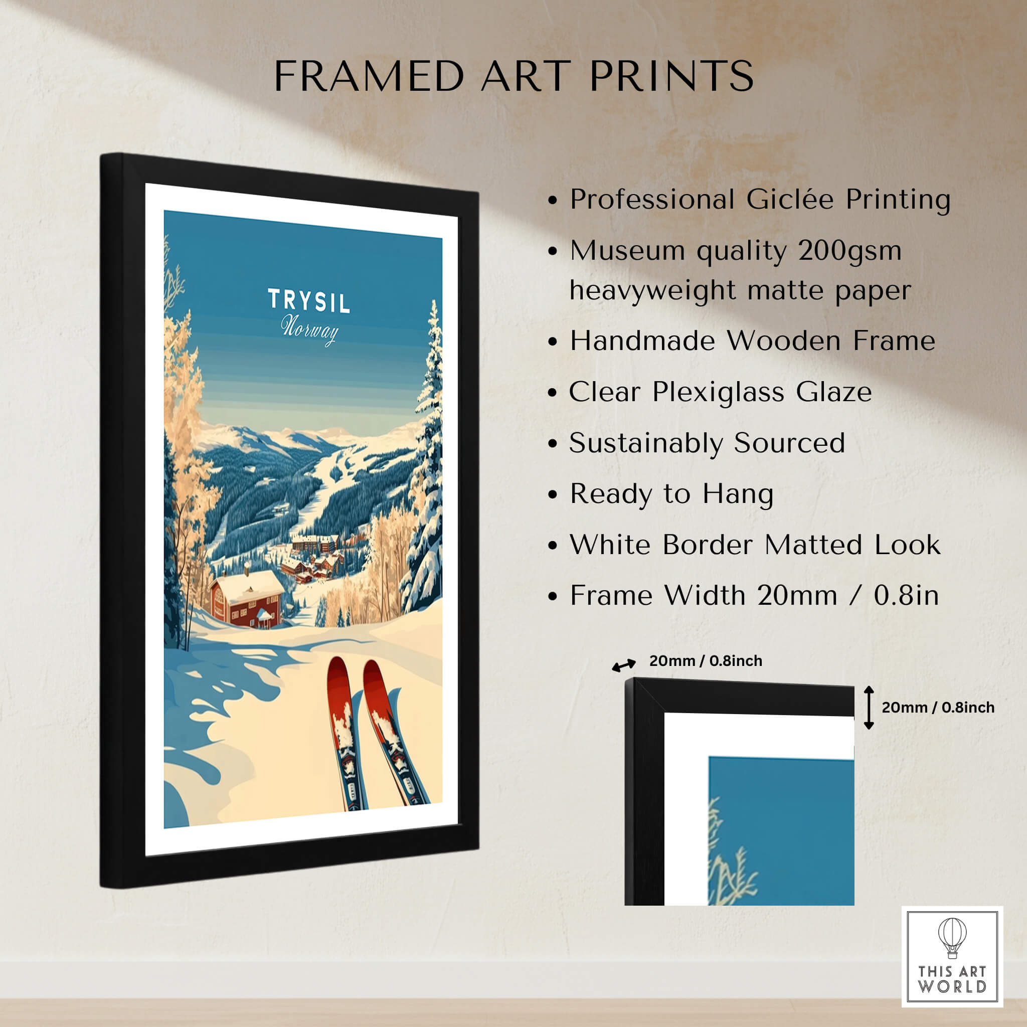 Framed Trysil Ski Print Norway showcasing winter sports in stunning Norwegian landscape.