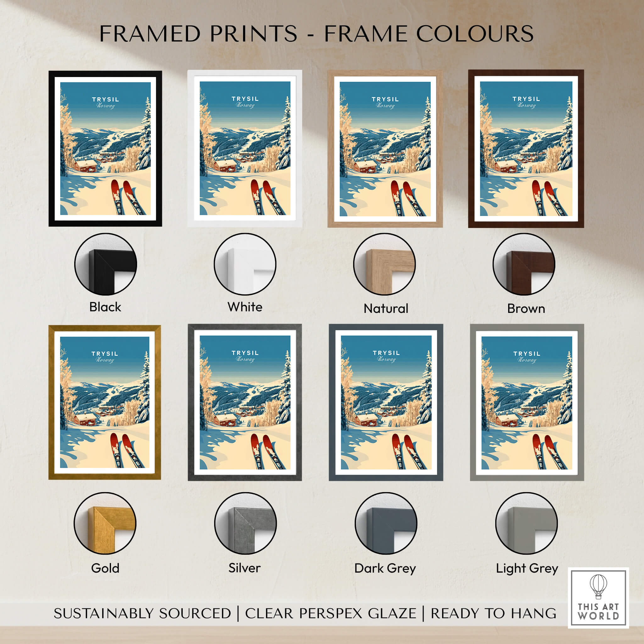 Framed Trysil Ski Print Norway in various frame colors including black, white, natural, brown, gold, silver, dark grey, light grey.