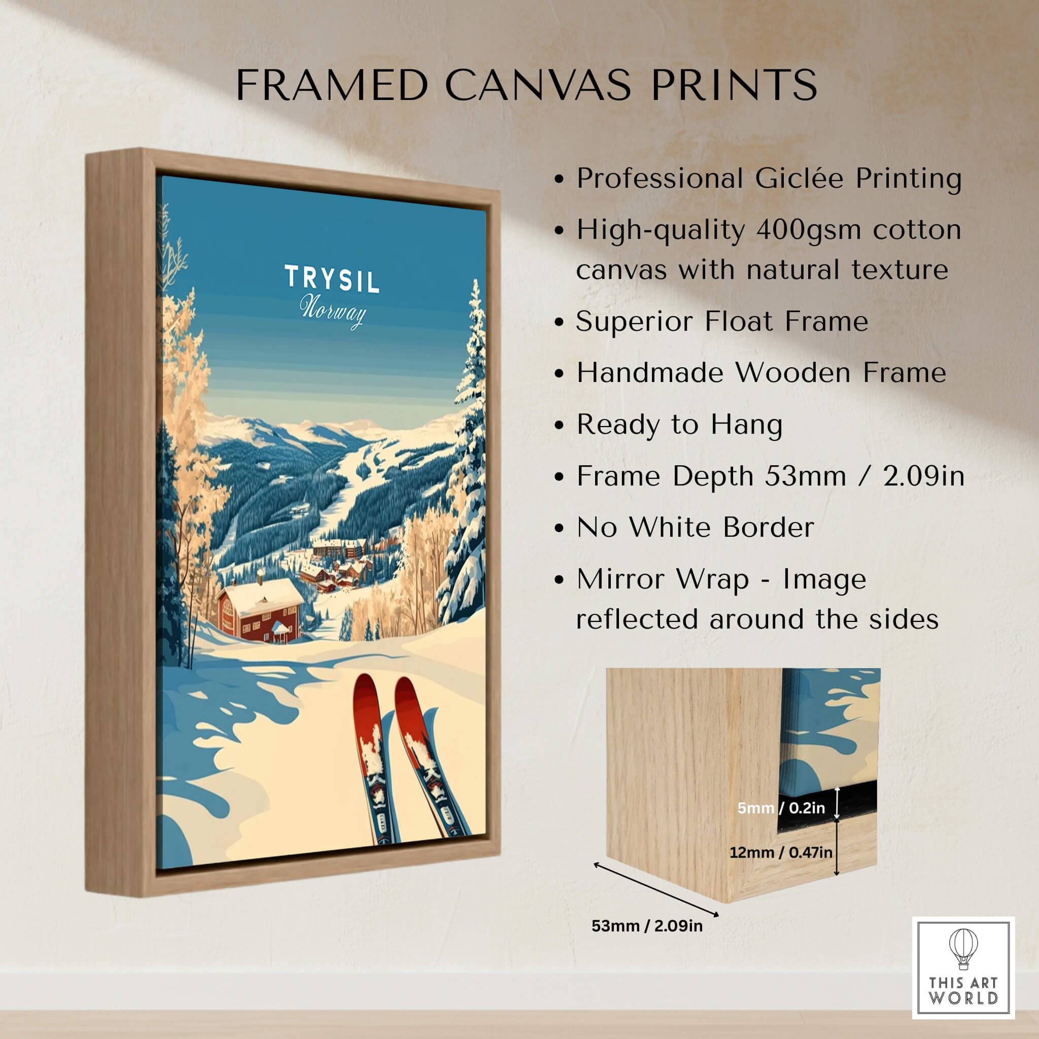 Trysil Ski Print Norway framed canvas art showcasing winter sports beauty in Norwegian mountains.
