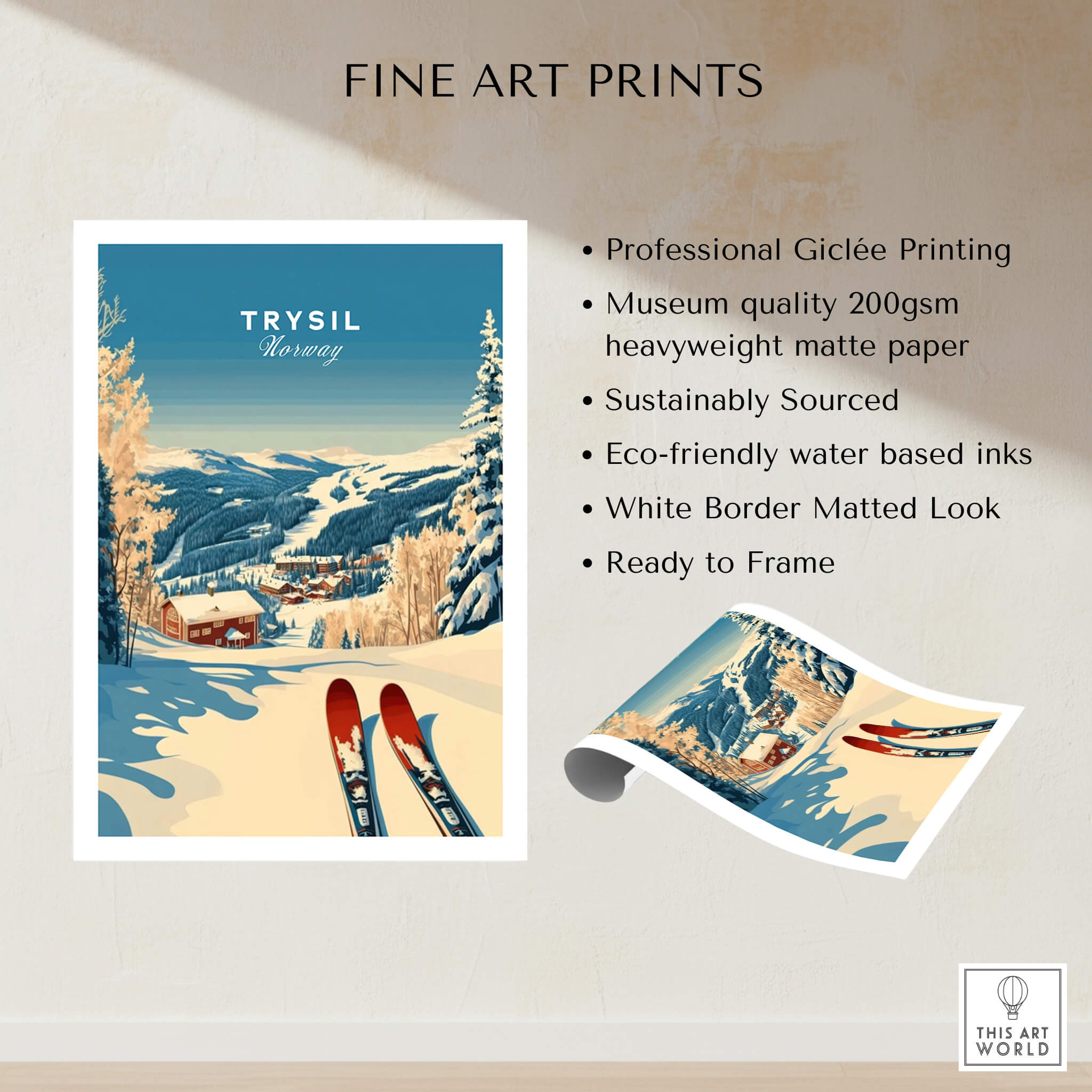Trysil Ski Print Norway showcasing beautiful winter sports scenery in stunning colors and artistic design.