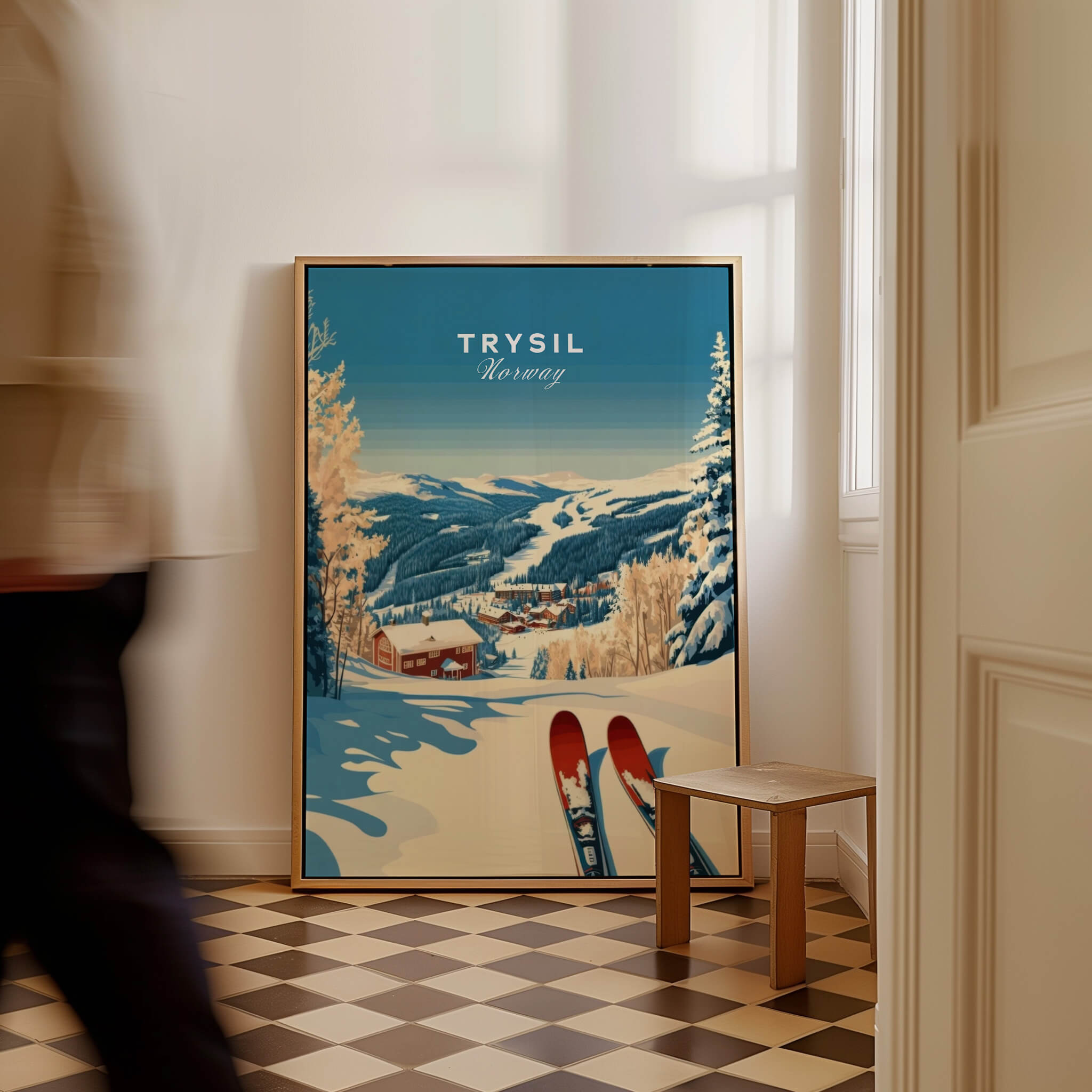 Trysil Ski Print Norway showcasing a winter landscape with skis, ideal for ski enthusiasts and outdoor lovers.