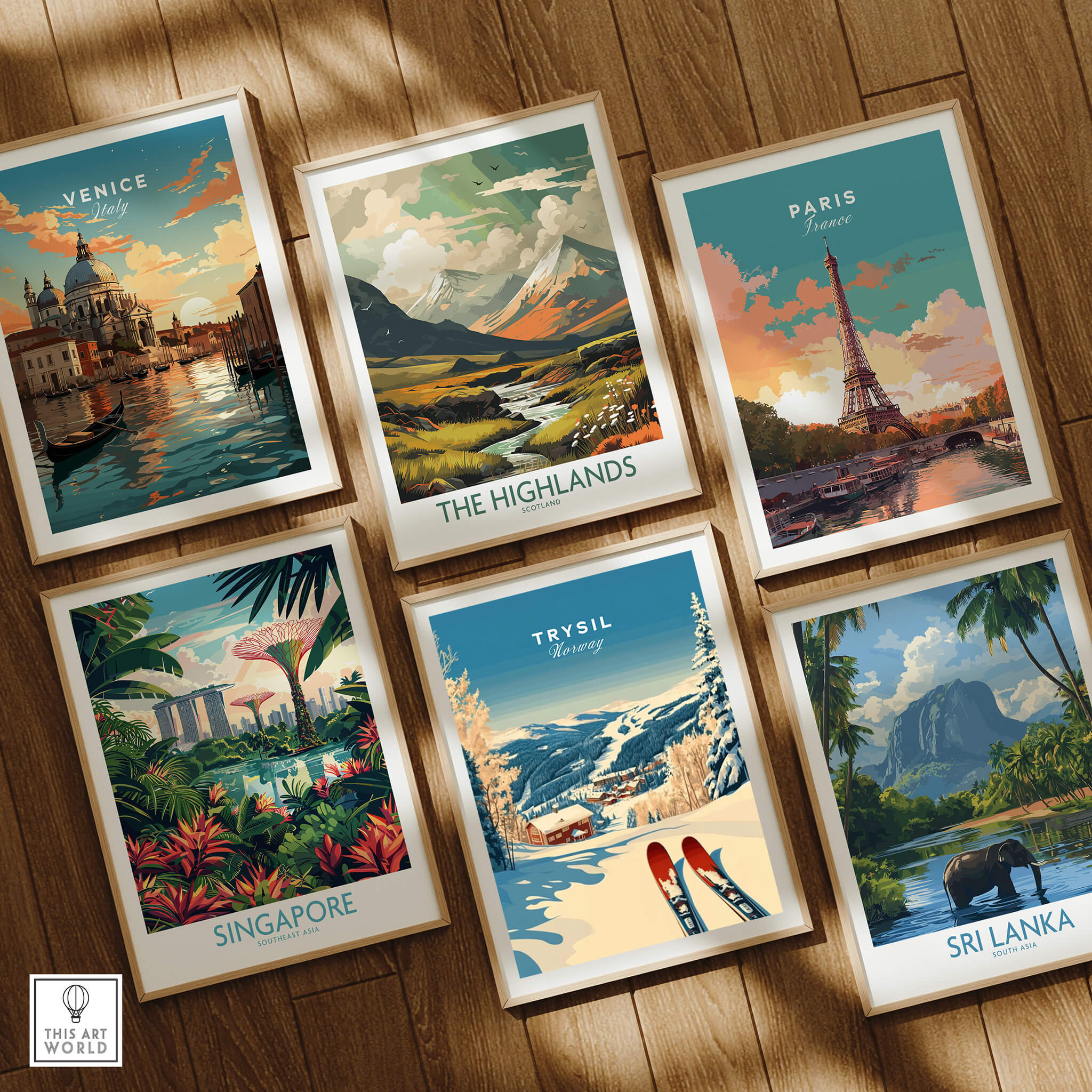 Trysil Ski Print Norway featured among travel posters showcasing Venice, The Highlands, Paris, Singapore, and Sri Lanka.