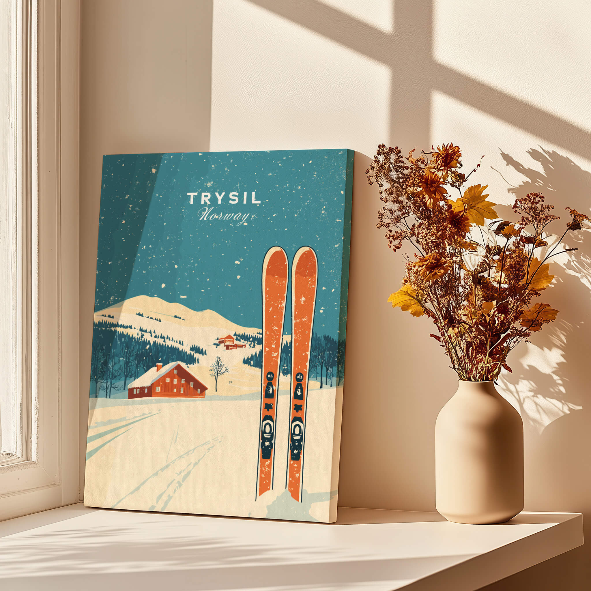Trysil Ski Wall Art Print Norway displayed indoors with skis and flowers in a sunny living space.
