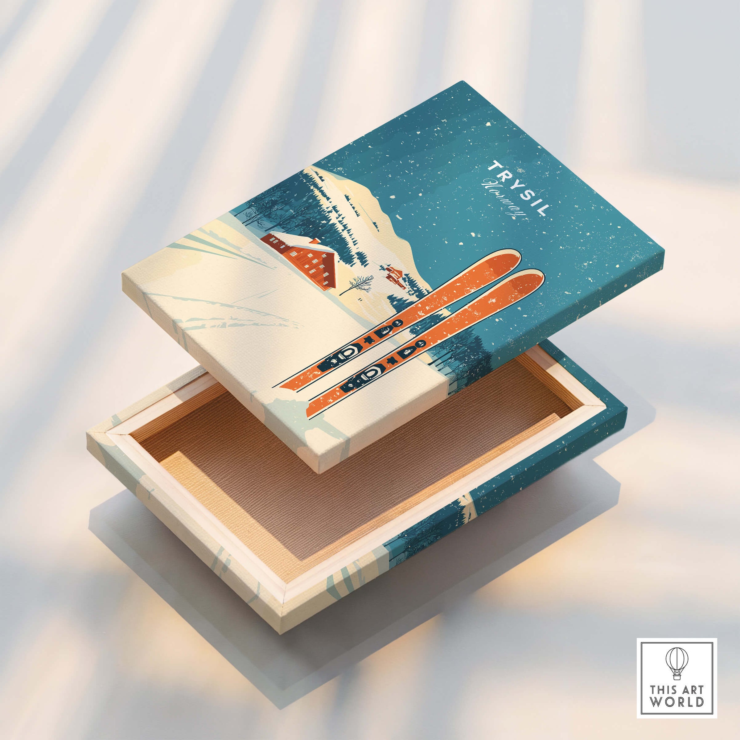 Trysil Ski Wall Art Print Norway featuring a colorful ski-themed design on an open box.