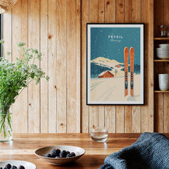 Trysil Ski Wall Art Print Norway displayed in a cozy wooden interior with skis and a rustic table.