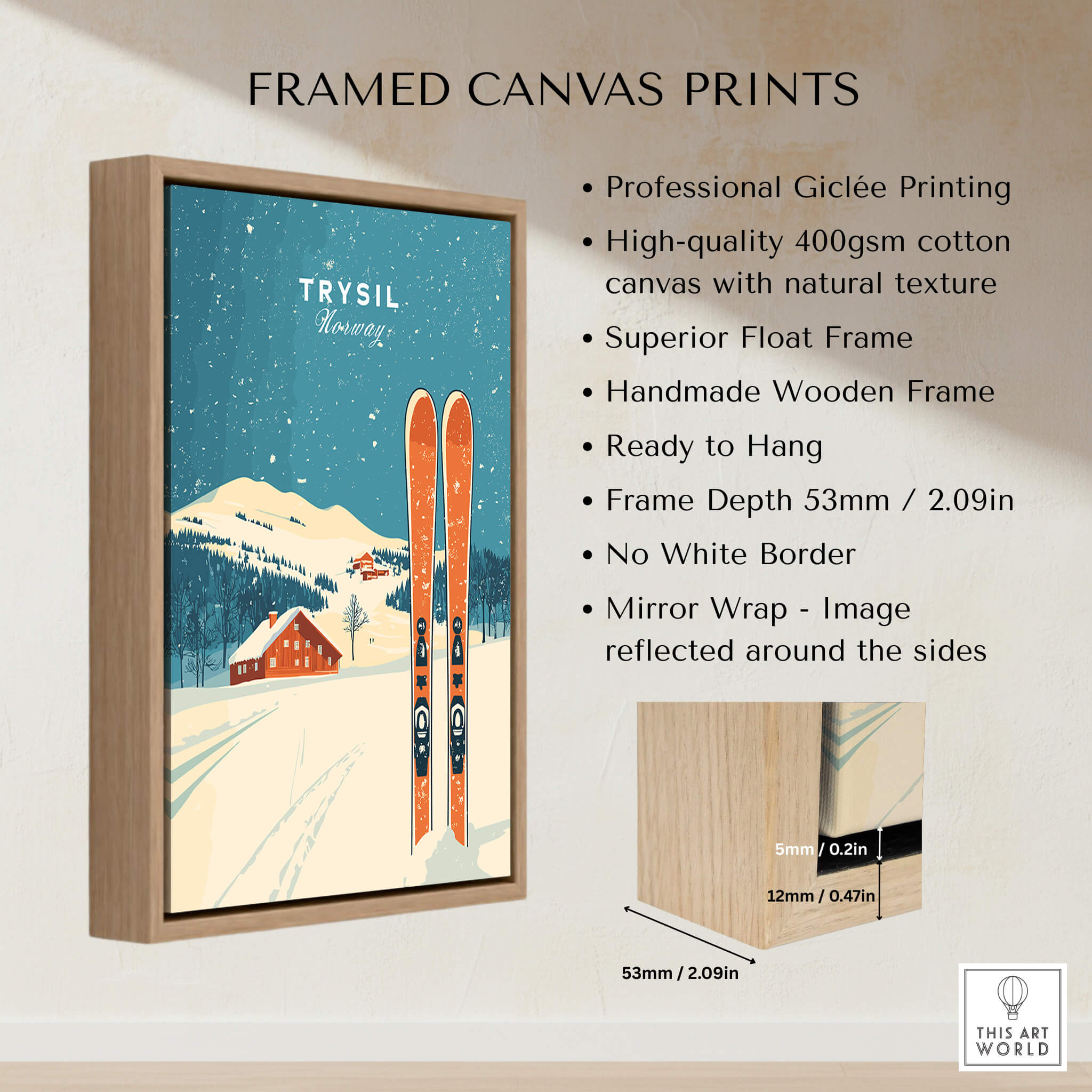 Trysil Ski Wall Art Print Norway framed canvas print with a scenic winter design and wooden frame.